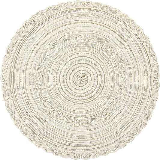 SHACOS Boho Round Placemats Set of 8 Braided Border Round Place Mats 15 inch Washable Dining Table Mats for Home Wedding Holiday Party (Ivory Bordered, 8)