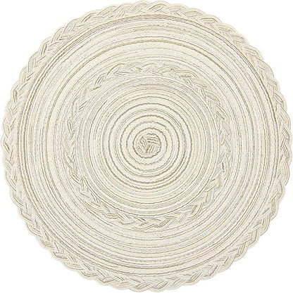 SHACOS Round Placemats Set of 6 Boho Braided Bordered Placemats 15 inch for Dining Tables Wedding Holiday Party (Ivory Bordered, 6)