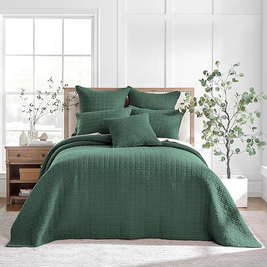 Levtex Home Mills Waffle King Bedspread Set (120x104in) with 2 Pillow Shams (36x20in) - Forest Green - Cotton King Size Bedspread Set - Soft, Pre-Washed