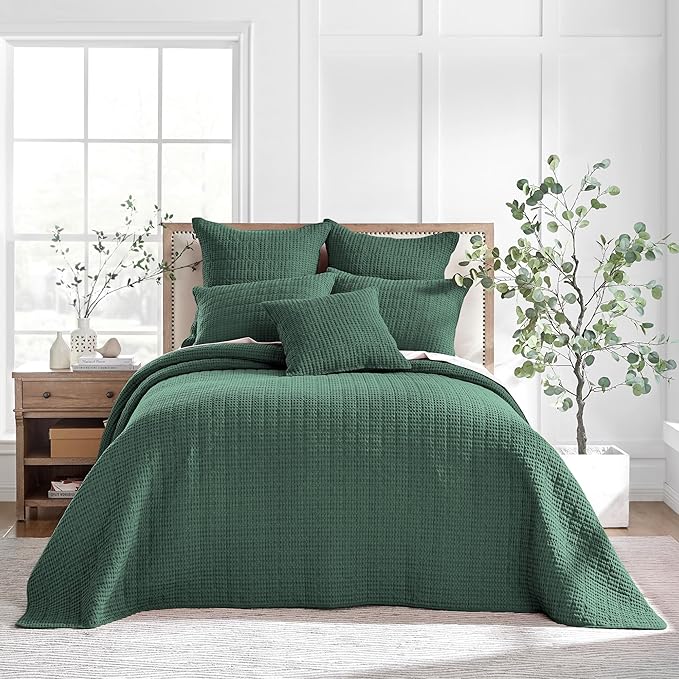 Levtex Home Mills Waffle Full Bedspread Set (100x104in) with 2 Pillow Shams (26x20in) - Forest Green - 100% Cotton Full Size Bedspread Set - Lightweight, Soft, Pre-Washed