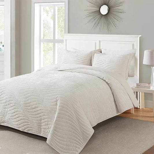HoneiLife Quilt Set Queen Size - Velvet Quilt Sets 3-Pieces, Stripe Bedspread for Queen Beds, Queen Quilt Bedding Sets All Season Quilts- Nature White