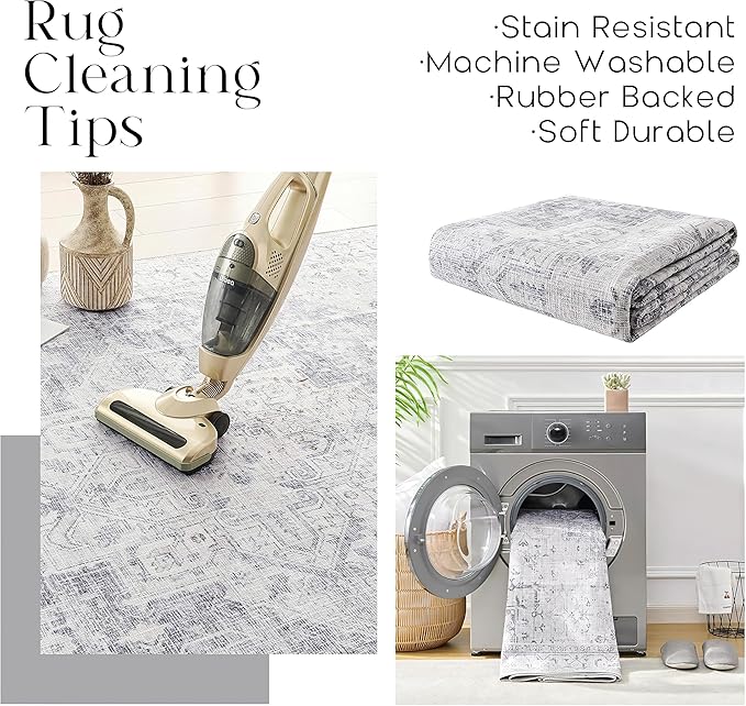 Light Grey Boho Area Rug 5x7 for Living Room Washable Distressed Damask Medallion Patterned Modern Area Rugs for Home Office Dining Room, Slate Blueish Gray and Cream, 5 x7
