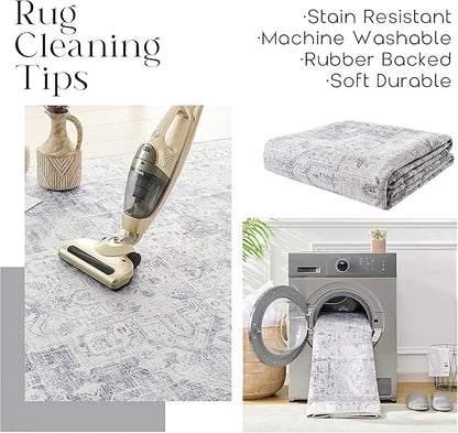 Light Grey Boho Area Rug 5x7 for Living Room Washable Distressed Damask Medallion Patterned Modern Area Rugs for Home Office Dining Room, Slate Blueish Gray and Cream, 5 x7