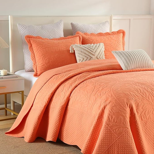 MarCielo 3-Piece 100% Cotton Oversized Bedspread Lightweight Quilt Coverlet Embroidery Farmhouse Bedding Set T0 (Salmon, Oversized King (118"x106"))