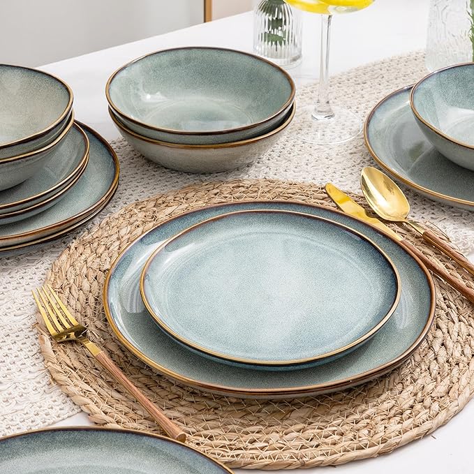 AmorArc Ceramic Dinnerware Sets,Handmade Reactive Glaze Stoneware Plates and Bowls Sets,Highly Scratch Resistant | Dishwasher & Microwave Safe Dishes Set,Service for 6 (18pc)