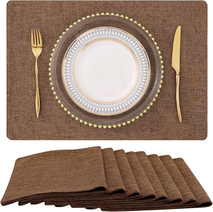 homing Brown Cloth Placemats Set of 8 – Cotton Linen Blend Washable Farmhouse Dining Table Mats for Indoors & Outdoors, Easy to Clean, 13 x 19 Inch