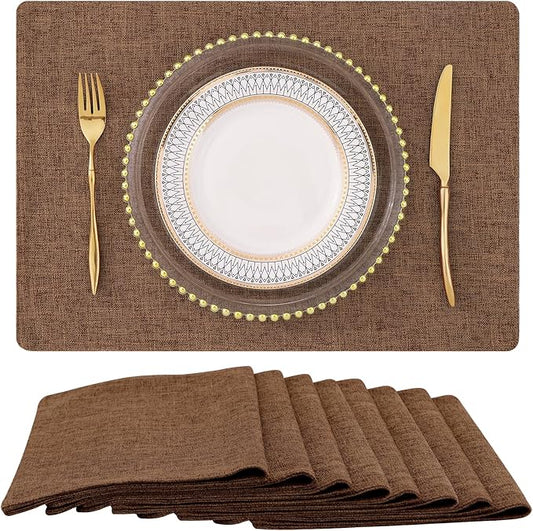 homing Brown Cloth Placemats Set of 8 – Cotton Linen Blend Washable Farmhouse Dining Table Mats for Indoors & Outdoors, Easy to Clean, 13 x 19 Inch