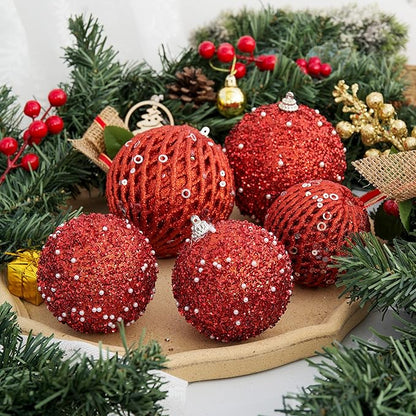 6pcs 3.94" Christmas Ball Ornaments Glitter Shatterproof Christmas Tree Ornaments Sequin Xmas Hanging Balls Decorations for Wedding Party Holiday(Red, 6pc-10cm)