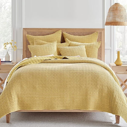 Levtex Home Mills Waffle Full/Queen Quilt Set (88x92in) with 2 Pillow Shams (26x20in) - Ochre - Cotton Waffle Full/Queen Size Quilt Bedding Set - Lightweight, Soft, Pre-Washed