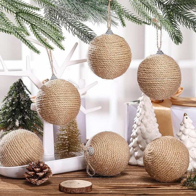 Syhood 6pcs Christmas Ball Ornaments Boho Farmhouse Jute Rope Hanging Xmas Balls Burlap Neutral Rustic Ornaments for Xmas Tree Holiday Wreath Garland (3.15 Inches,Linen)