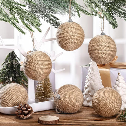 Syhood 6pcs Christmas Ball Ornaments Boho Farmhouse Jute Rope Hanging Xmas Balls Burlap Neutral Rustic Ornaments for Xmas Tree Holiday Wreath Garland (3.15 Inches,Linen)