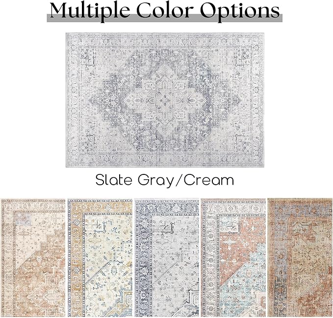 Light Grey Boho Area Rug 5x7 for Living Room Washable Distressed Damask Medallion Patterned Modern Area Rugs for Home Office Dining Room, Slate Blueish Gray and Cream, 5 x7
