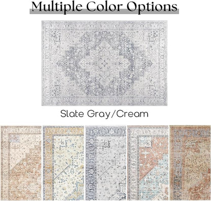 Light Grey Boho Area Rug 5x7 for Living Room Washable Distressed Damask Medallion Patterned Modern Area Rugs for Home Office Dining Room, Slate Blueish Gray and Cream, 5 x7