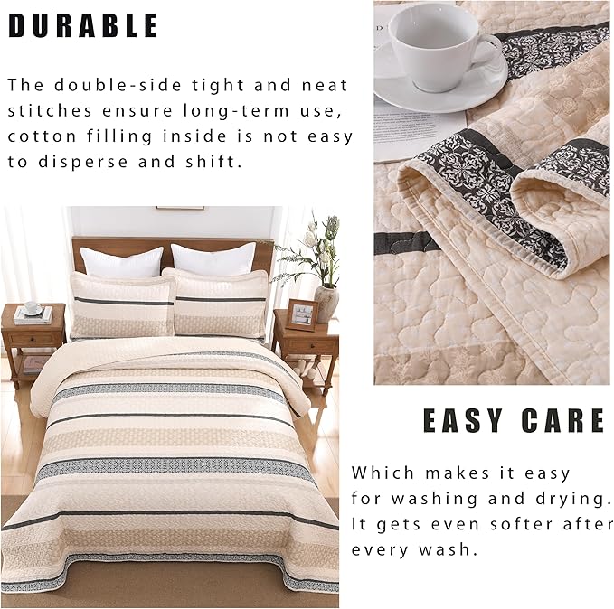 Homzard Quilts Queen Size, Cotton Comforter Set, Beige and Grey Queen Bed Set, Lightweight Striped Bedding, Farmhouse Reversible Bedspread All Season 3 Pieces