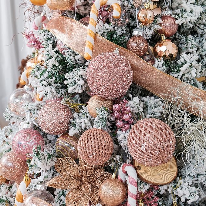3.15" Christmas Ball Ornaments Glitter Shatterproof Christmas Tree Ornaments Sequin Xmas Hanging Balls Decorations for Wedding Party Holiday(Rose Gold, 12pc-8cm)