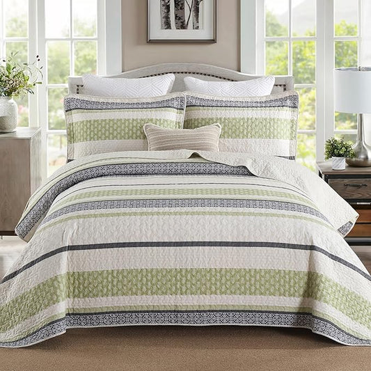 Homzard Quilts Queen Size,Cotton Queen Comforter Set,Green Beige Grey Quilt Bedspread Set,Striped Bedding,Cotton Lightweight Bed Comforter All Season 3 Piece