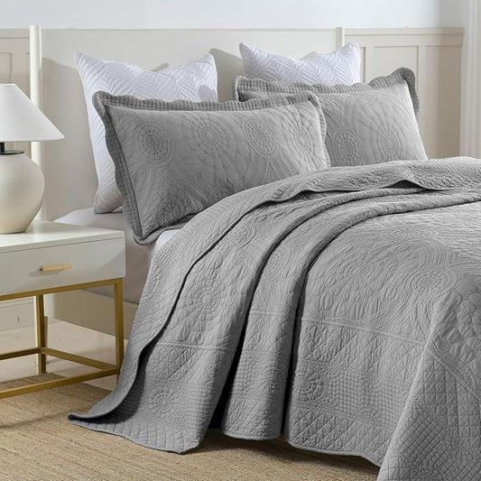 MarCielo 3-Piece 100% Cotton Oversized Bedspread Lightweight Quilt Coverlet Embroidery Farmhouse Bedding Set (Tf Light Grey, Oversized Queen (100"x106"))