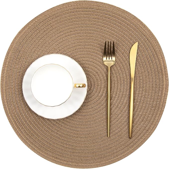 SHACOS Round Placemats Set of 4 Woven Braided Kitchen Table Placemats 15 inch Round Place Mats Washable Table Mats Indoor Outdoor, Brown