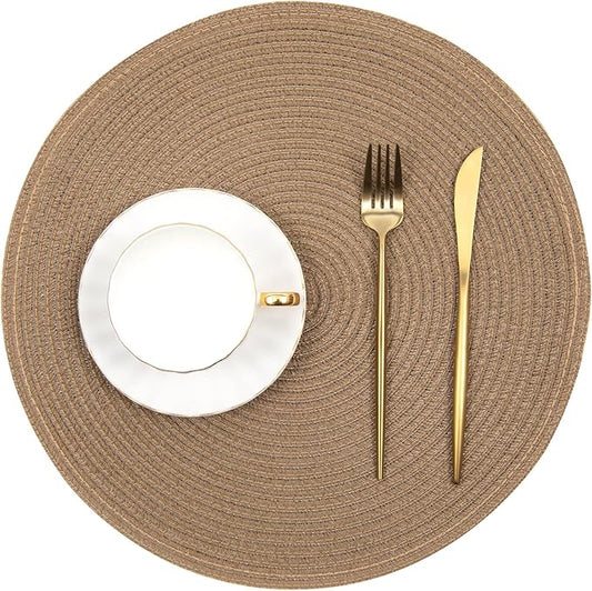 SHACOS Round Placemats Set of 4 Woven Braided Kitchen Table Placemats 15 inch Round Place Mats Washable Table Mats Indoor Outdoor, Brown