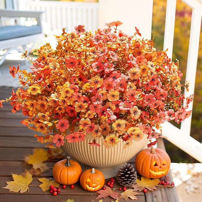 Artificial Fall Flowers Faux Mums for Outdoor Indoor Garden Home Decoration, Faux Flower Daisy with Eucalyptus Leaves Fake Mums Plants Greenery Boxwood Porch Patio, 12 Bundles