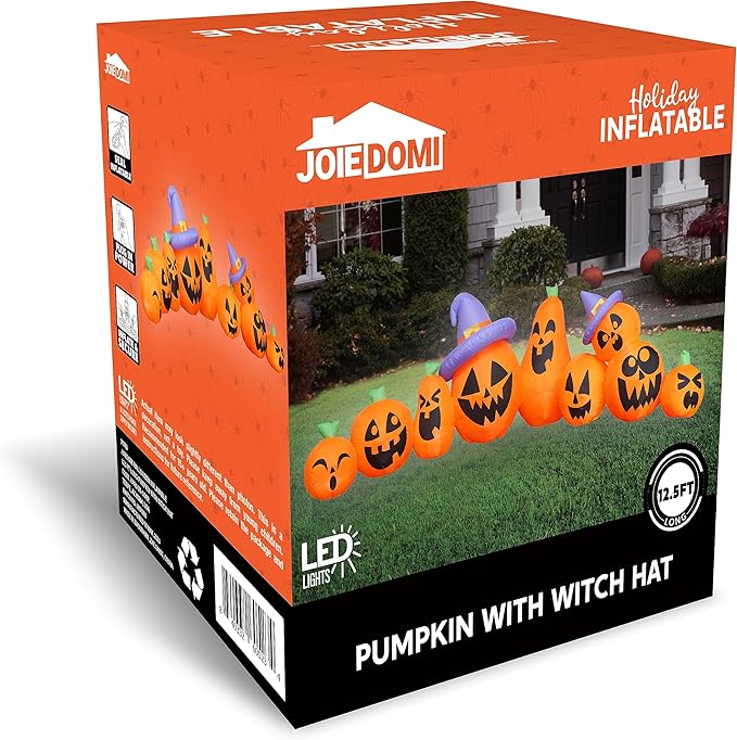 Joiedomi 12.5 FT Halloween Inflatable Pumpkin Outdoor Decorations, Blow Up Yard Decorations with Witch Hat, 9 Pcs Blow Up Pumpkin Inflatable with Built-in LEDs for Halloween Decor