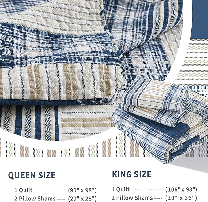 Homzard Queen Size Comforter Set - Blue White Tan Striped Queen Quilt Set,Plaid Striped Bedding Quilt, Farmhouse Bedspread Queen Size, Lightweight Bedding Quilts 3 Pieces All Season