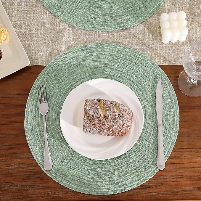 SHACOS Round Placemats Set of 6 Washable 15 inch Round Table Mats Cotton Polyester Woven Braided Place Mats for Dining Table, Sage Green