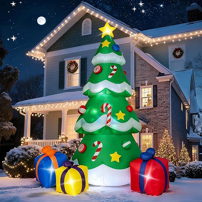 7 FT Christmas Inflatable Tree Outdoor Decorations, Blow up Christmas Tree with 3 Gift Boxes Yard Decoration Built-in LED Lights for Garden Lawn Holiday Decor