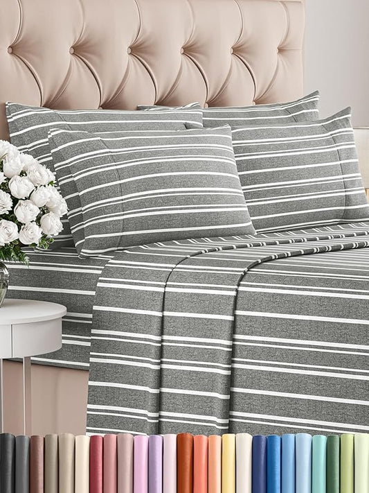 CGK Linens King 6 Piece Sheet Set - Cooling Sheets for Hot Sleepers - Hotel Luxury Bedding Set with 8-16 Inch Deep Pockets - 1 Flat & 1 Fitted & 4 Pillowcases - Soft and Wrinkle Free - Grey Stripes