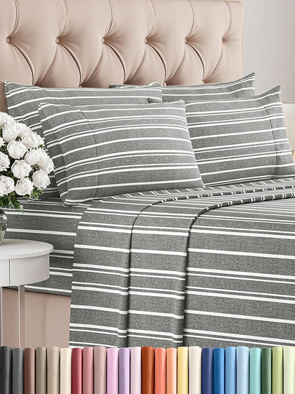 CGK Linens Queen 6 Piece Sheet Set - Cooling Sheets for Hot Sleepers - Hotel Luxury Bedding Set w/ 8-16 Inch Deep Pockets - 1 Flat & 1 Fitted & 4 Pillowcases - Soft, Cozy & Wrinkle Free - Grey Stripes