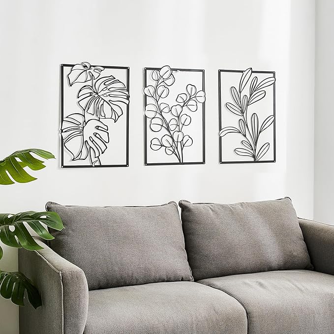 FUNTEREST 3 Pieces Black Metal Wall Art Decor Modern Minimalist Floral Single Line Living Room Wall Decor Abstract Wall Hanging Decor for Kitchen Office Bedroom Bathroom (Floral C)