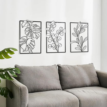 FUNTEREST 3 Pieces Black Metal Wall Art Decor Modern Minimalist Floral Single Line Living Room Wall Decor Abstract Wall Hanging Decor for Kitchen Office Bedroom Bathroom (Floral C)