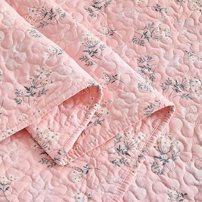 mixinni 3 Pieces Queen Size Comforter Set, Vibrant Colors Pink Floral Bedspread Coverlet Set, Summer Quilted Bed Set for All Season-(Includes 1 Quilt, 2 Pillow Shams)
