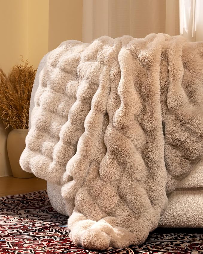 Ultra Soft Cozy Faux Fur Throw Blanket, Fuzzy Plush Thick Bubble Blanket, Oversize Luxury Fluffy Blanket for Couch, Bed, and Living Room, 60x80 Inches, Light Brown