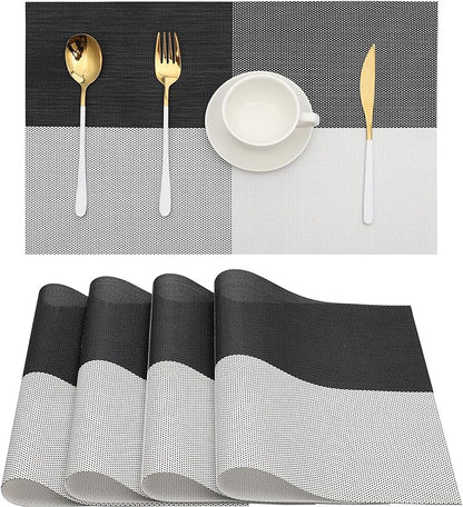 HeloHo Placemats Set of 4 Black and White Grid PlacematsPlacemats Washable Vinyl Woven Table Mats Wipeable Dining Placemat for Kitchen Dining Table Decoration Indoor Outdoor