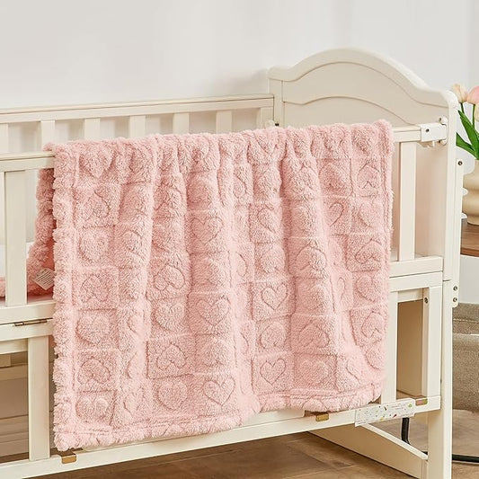 Fleece Baby Blanket Heart Checkered Blanket, Ultra Soft Cozy Baby Blankets for Girls Boys, Fluffy Infant Toddler Newborn Receiving Blankets for Crib Stroller 30”×40” (Light Pink)