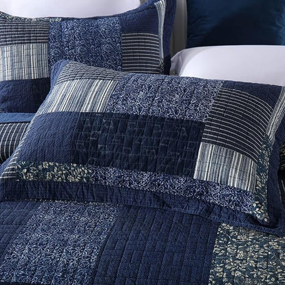 mixinni Navy Blue Quilt Set King Size, 100% Cotton Farmhouse Patchwork Plaid Floral Bedding Set, 3-Piece Reversible Lightweight Bedspread Coverlet Set for All Season (106"x92")