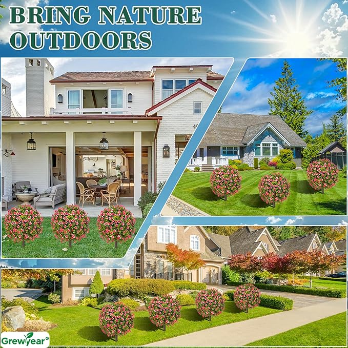 Artificial Topiary Ball with Ground Spike Set of 2, Faux Boxwoods for Outdoor Planters, UV Resistant Artificial Outdoor Plants for Porch, Fake Bushes Round Flower Shrub with Pink Lilac