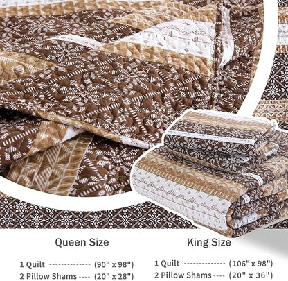 Homzard Brown Quilts Queen Size,Boho Cotton Comforter Set Queen Size,Brown White Snowflake Striped Quilted Bedspread Set,Bohemian Lightweight Comforter Bedding with 2 Pillow Shams