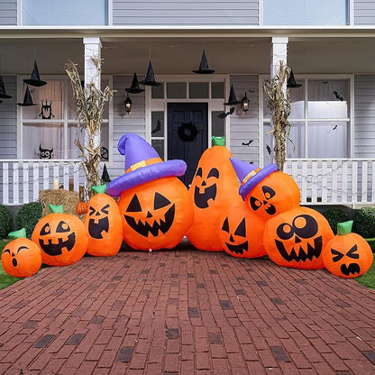 Joiedomi 12.5 FT Halloween Inflatable Pumpkin Outdoor Decorations, Blow Up Yard Decorations with Witch Hat, 9 Pcs Blow Up Pumpkin Inflatable with Built-in LEDs for Halloween Decor