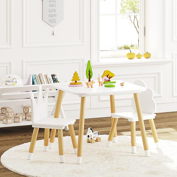 UTEX Kids Table with 2 Chairs Set, Kids Table and Chair Set,3 Piece Kiddy Table and Chair Set, Toddler Table and Chairs, White