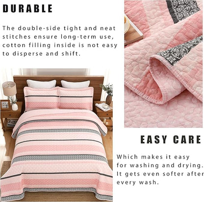 Homzard Quilts Queen Size, Cotton Comforter Set, Light Pink and Grey Queen Bed Set, Lightweight Striped Bedding, Farmhouse Bedspread All Season 3 Pieces