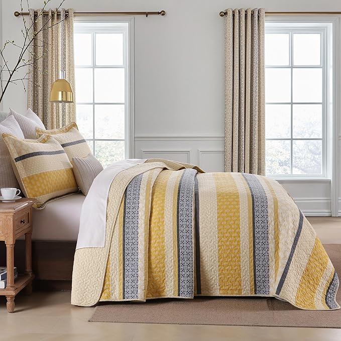 Homzard Quilt Cotton Queen Quilt Bedding Set,Yellow Black Grey Queen Size Comforter Set,Striped Bedspread Queen Size, Lightweight Farmhouse Bed Set Cover All Season 3 Pieces