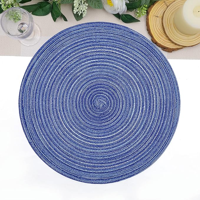 SHACOS Round Braided Placemats 15 inch Set of 4 Washable Kitchen Table Placemats for Home Wedding Party (Blue White, 4)