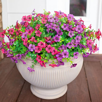 Artificial Flowers for Outdoor Indoor Garden Home Decoration, Faux Flower Daisy with Eucalyptus Leaves Fake Plants Greenery Boxwood Porch Patio, 12 Bundles (Purple Pink)