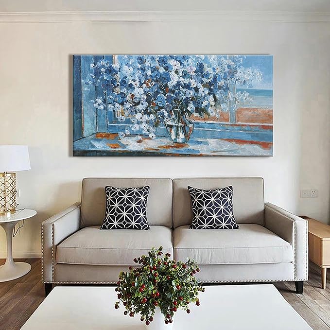 Flower Wall Art Blue Floral Wall Decor Pictures Wall Decor Canvas Prints Artwork Suitable For Living Room, Kitchen, Office And Bedroom Can Be Hung Directly 24x48 Inch