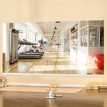 Hasipu Home Gym Mirror, 48"x24" Each, 4-Pack Frameless Wall Mounted Mirrors with Glass Clamps & Aluminum Rail, Large Body Mirror for Home Gym, Yoga Studio, Bedroom, Silver Tempered Glass