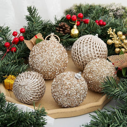 6pcs 3.94" Christmas Ball Ornaments Glitter Shatterproof Christmas Tree Ornaments Sequin Xmas Hanging Balls Decorations for Wedding Party Holiday(Champagne Gold, 6pc-10cm)