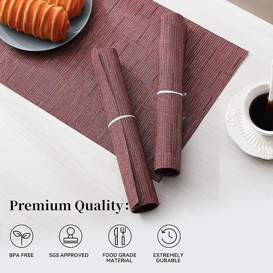 Leetaltree Burgundy Placemats Set of 12 - Heat Resistant Non-Slip Place mats for Dining Table, Washable Durable PVC Vinyl Woven Table Mats（Burgundy, 12）
