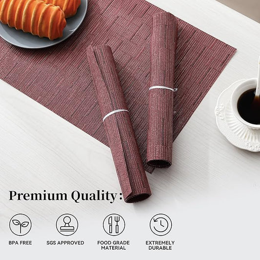 Leetaltree Burgundy Placemats Set of 6 - Heat Resistant Non-Slip Place mats for Dining Table, Washable Durable PVC Vinyl Woven Table Mats（Burgundy, 6）